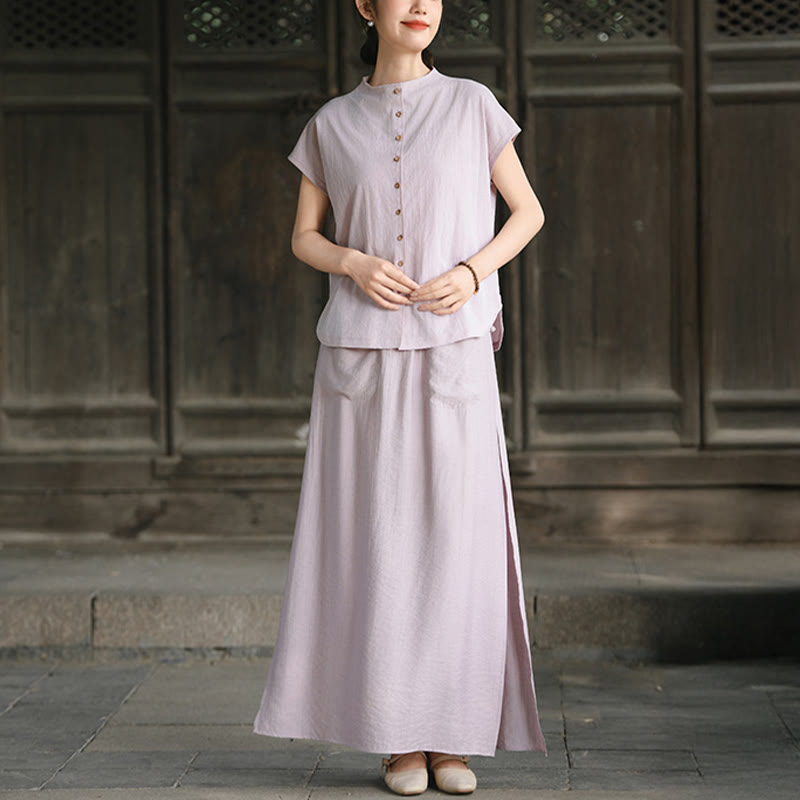 Buddha Stones Set da donna in cotone per meditazione, 2 pezzi, con bottoni, camicia a maniche corte, gonna e tasche - image 1