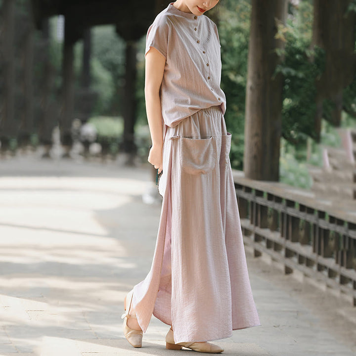 Buddha Stones Set da donna in cotone per meditazione, 2 pezzi, con bottoni, camicia a maniche corte, gonna e tasche - image 6
