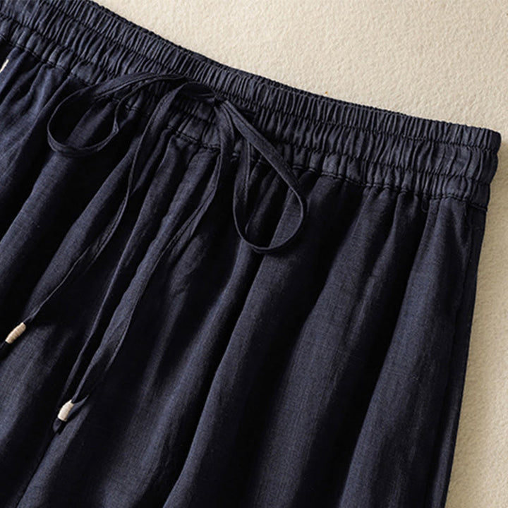Pantaloni da donna in cotone a gamba larga con coulisse e ricamo Buddha Stones Commute, con tasche - image 2