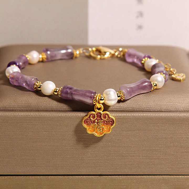 Bracciale dell'equilibrio di perle di ametista e carattere Fu a forma di bambù con lucchetto della pace naturale Buddha Stones - Ametista (circonferenza del polso: 18-22 cm) - image 1