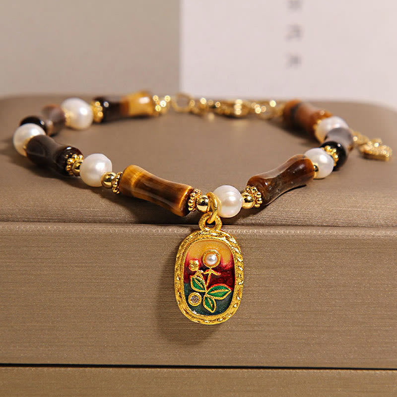 Bracciale Buddha Stones in bambù naturale con occhio di tigre e perle - Occhio di tigre (circonferenza del polso: 18-22 cm) - image 1