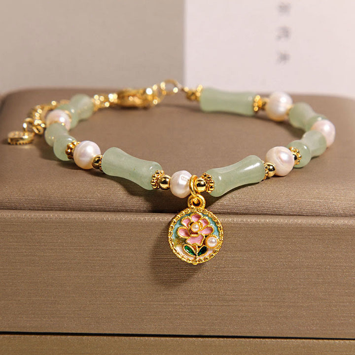 Bracciale Buddha Stones con fiore di bambù naturale, avventurina verde e perle - Avventurina verde (circonferenza del polso: 18-22 cm) - image 1