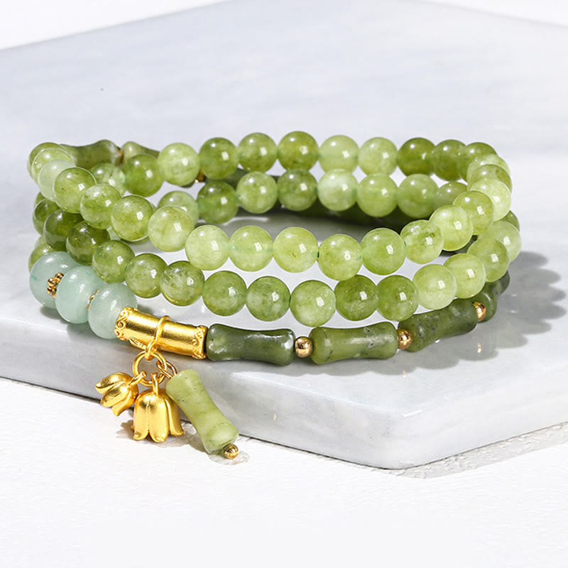 Bracciale Buddha Stones Retro Multistrato Mughetto Bambù Calcedonio Verde Forza - image 7