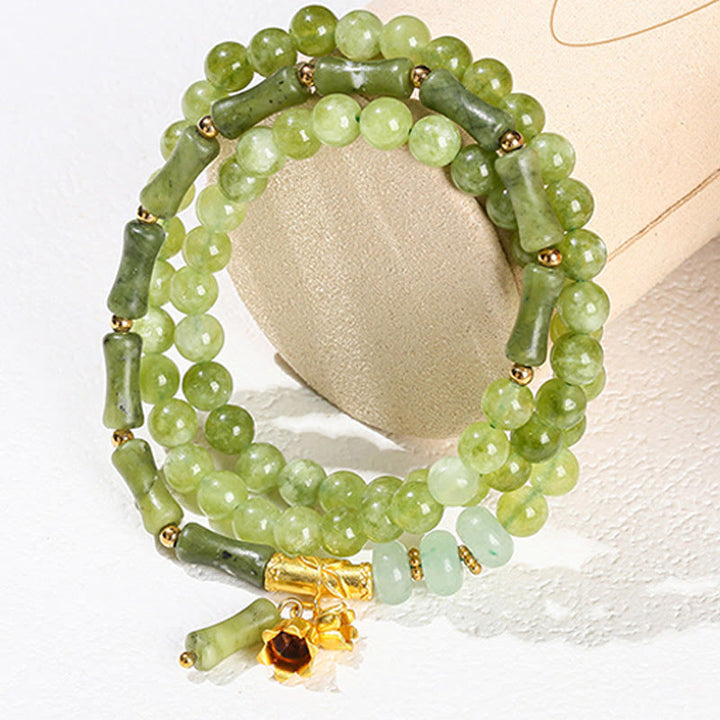 Bracciale Buddha Stones Retro Multistrato Mughetto Bambù Calcedonio Verde Forza - image 5