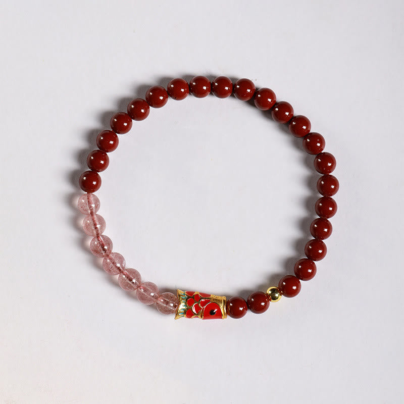 Braccialetto di benedizione con pesce koi portafortuna, cinabro naturale, cristallo rosa Buddha Stones , quarzo fragola - image 2