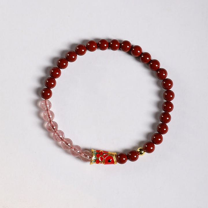 Braccialetto di benedizione con pesce koi portafortuna, cinabro naturale, cristallo rosa Buddha Stones , quarzo fragola - image 2