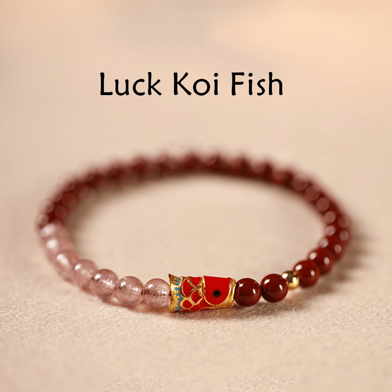 Braccialetto di benedizione con pesce koi portafortuna, cinabro naturale, cristallo rosa Buddha Stones , quarzo fragola - Cinnabar-5mm & Quarzo Fragola & Big Koi - image 0