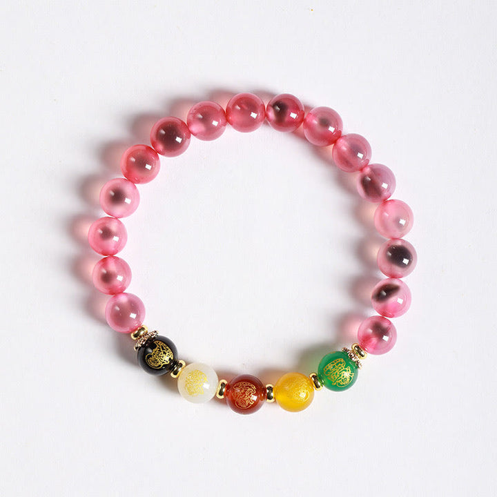 Bracciale dell'armonia dei Cinque Dei della Ricchezza in Agata Caramella Naturale Colorata Buddha Stones - Agata rosa caramella (circonferenza polso: 14-15 cm) - image 4