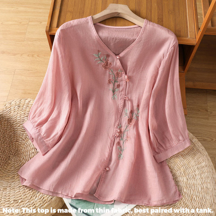 Maglietta da donna con scollo a V e ricamo di fiori Buddha Stones. - image 14
