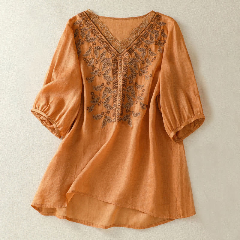 Maglietta casual da donna in cotone e lino con maniche corte, in pizzo ricamato con Buddha Stones - Cioccolato - US8-10, UK/AU12-14, EU40-42 (2XL) - image 0