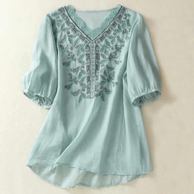 Maglietta casual da donna in cotone e lino con maniche corte, in pizzo ricamato con Buddha Stones - Azzurro cielo chiaro - US8-10, UK/AU12-14, EU40-42 (2XL) - image 8