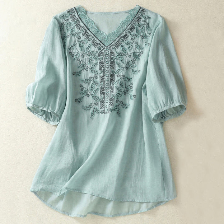 Maglietta casual da donna in cotone e lino con maniche corte, in pizzo ricamato con Buddha Stones - Azzurro cielo chiaro - US8-10, UK/AU12-14, EU40-42 (2XL) - image 8