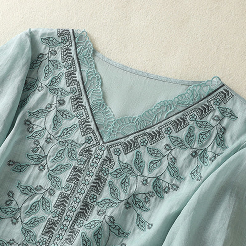 Maglietta casual da donna in cotone e lino con maniche corte, in pizzo ricamato con Buddha Stones - image 13