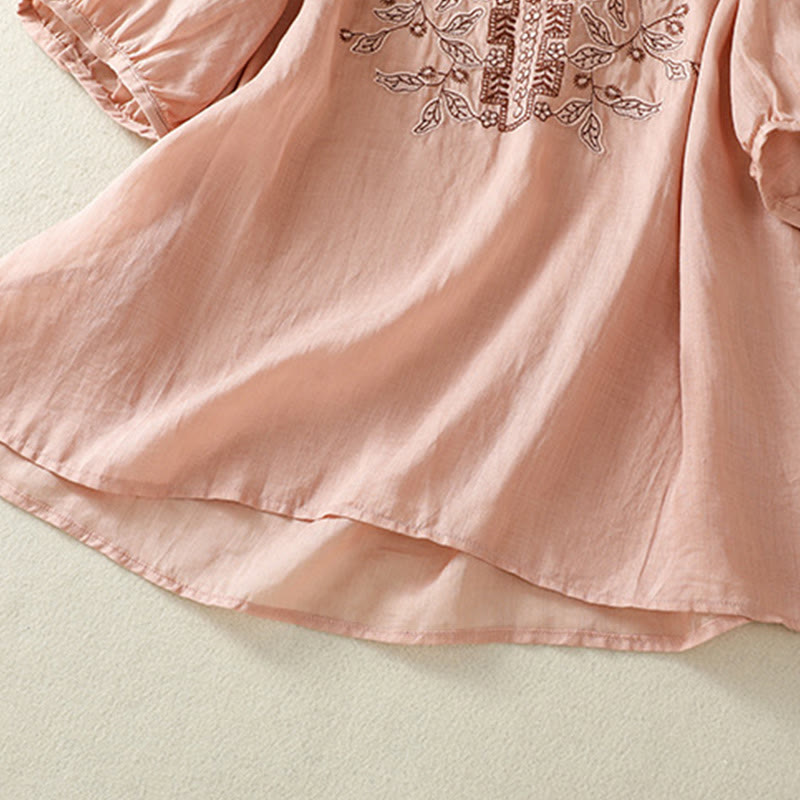 Maglietta casual da donna in cotone e lino con maniche corte, in pizzo ricamato con Buddha Stones - image 25