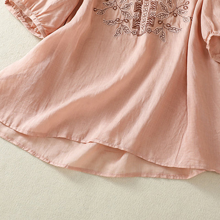 Maglietta casual da donna in cotone e lino con maniche corte, in pizzo ricamato con Buddha Stones - image 25