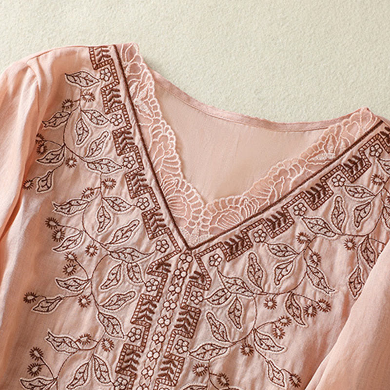 Maglietta casual da donna in cotone e lino con maniche corte, in pizzo ricamato con Buddha Stones - image 26