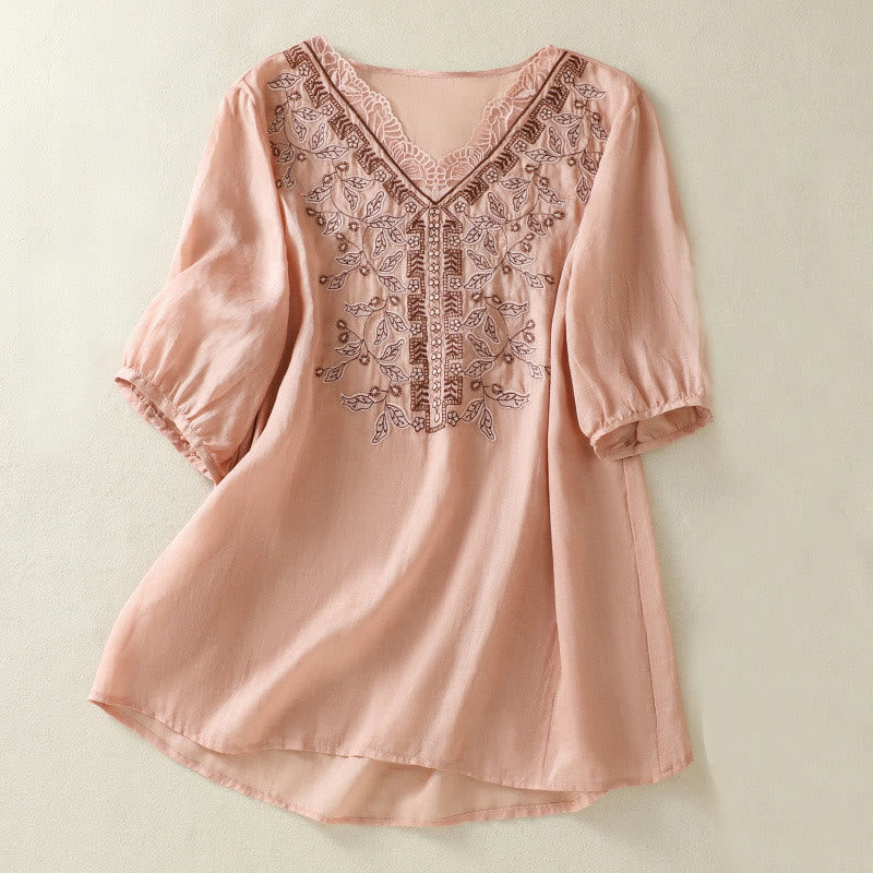 Maglietta casual da donna in cotone e lino con maniche corte, in pizzo ricamato con Buddha Stones - Rosa - US8-10, UK/AU12-14, EU40-42 (2XL) - image 19
