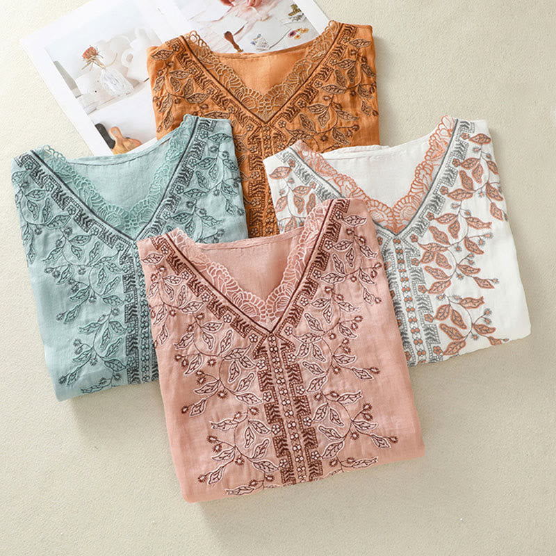 Maglietta casual da donna in cotone e lino con maniche corte, in pizzo ricamato con Buddha Stones - image 36