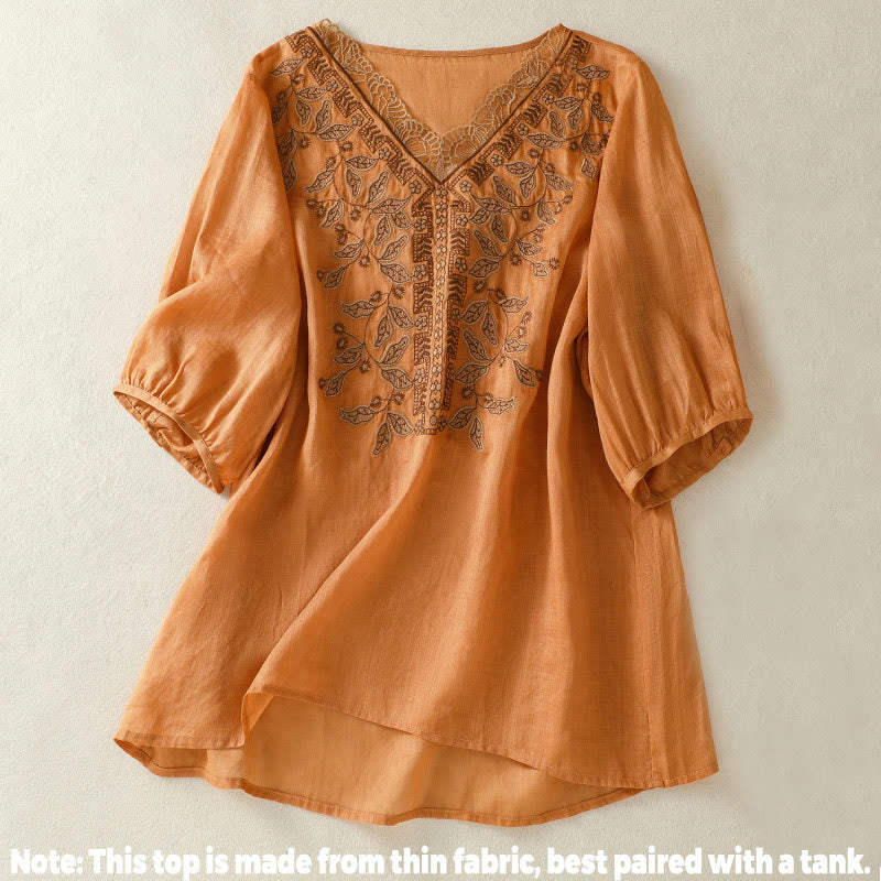 Maglietta casual da donna in cotone e lino con maniche corte, in pizzo ricamato con Buddha Stones - image 1