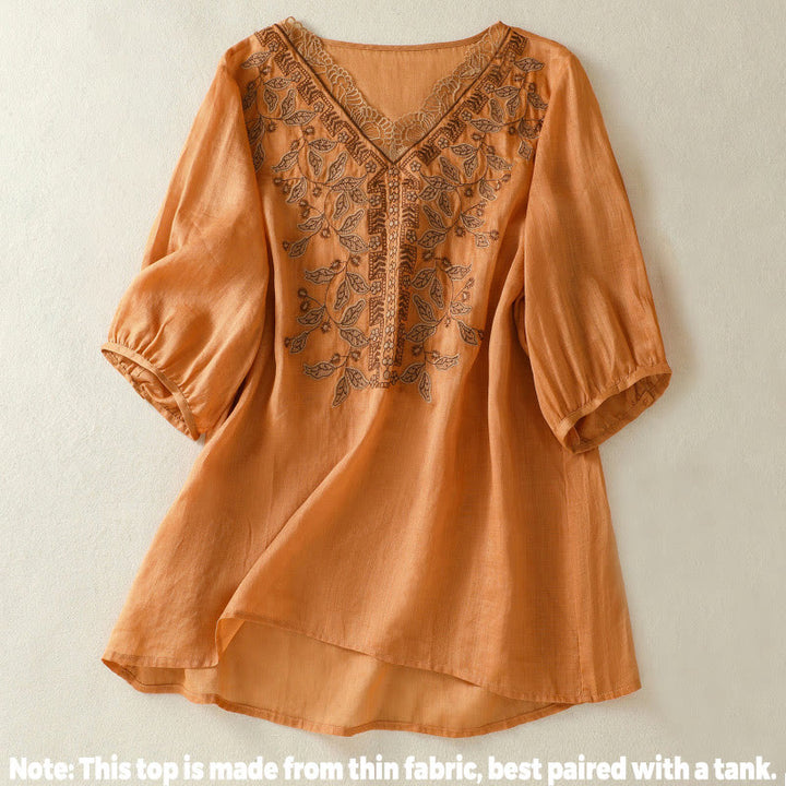 Maglietta casual da donna in cotone e lino con maniche corte, in pizzo ricamato con Buddha Stones - image 1
