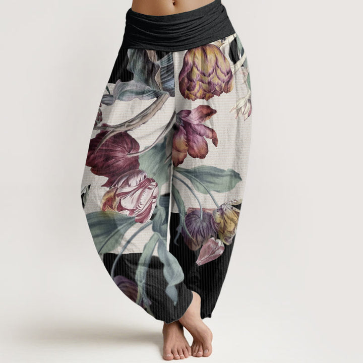 Pantaloni harem da donna con elastico in vita, in puro cotone, con motivo a tulipani e foglie verdi, motivo Buddha Stones - Nero - US22, UK/AU26, EU54 (6XL) - image 0