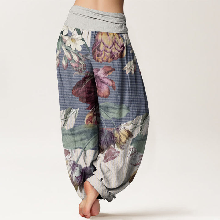 Pantaloni harem da donna con elastico in vita, in puro cotone, con motivo a tulipani e foglie verdi, motivo Buddha Stones - image 7