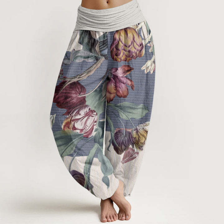Pantaloni harem da donna con elastico in vita, in puro cotone, con motivo a tulipani e foglie verdi, motivo Buddha Stones - Beige - US22, UK/AU26, EU54 (6XL) - image 6