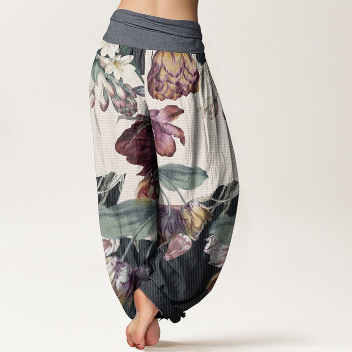Pantaloni harem da donna con elastico in vita, in puro cotone, con motivo a tulipani e foglie verdi, motivo Buddha Stones - image 10