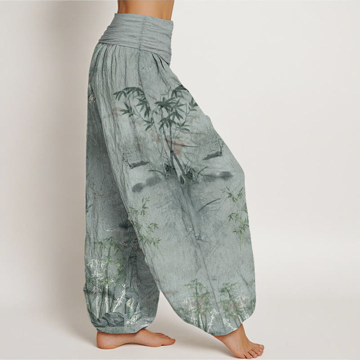 Pantaloni harem da donna con elastico in vita, in puro cotone, casual, con Buddha Stones di bambù e pittura a inchiostro - image 11