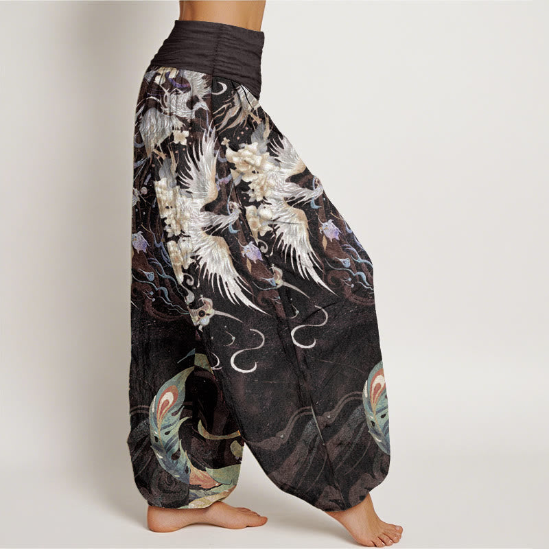 Pantaloni harem da donna in puro cotone con motivo a fiori di fenice, con elastico in vita, Buddha Stones - image 10