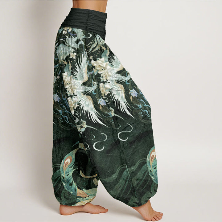 Pantaloni harem da donna in puro cotone con motivo a fiori di fenice, con elastico in vita, Buddha Stones - image 7