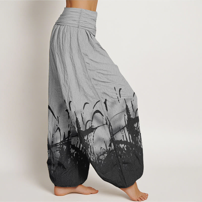 Pantaloni harem da donna con elastico in vita, in puro cotone con motivo erba selvatica, motivo Buddha Stones - image 2