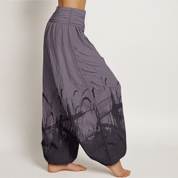 Pantaloni harem da donna con elastico in vita, in puro cotone con motivo erba selvatica, motivo Buddha Stones - image 10