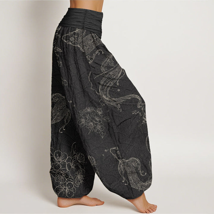 Pantaloni harem da donna con elastico in vita, in puro cotone, con motivo floreale a pesci koi, motivo Buddha Stones - image 2