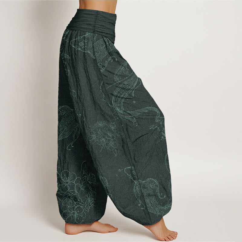 Pantaloni harem da donna con elastico in vita, in puro cotone, con motivo floreale a pesci koi, motivo Buddha Stones - image 10