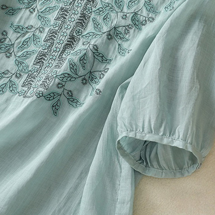 Maglietta casual da donna in cotone e lino con maniche corte, in pizzo ricamato con Buddha Stones - image 18