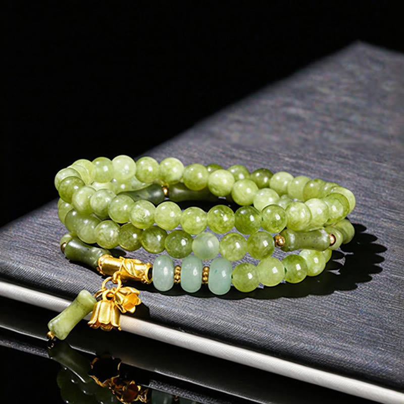 Bracciale Buddha Stones Retro Multistrato Mughetto Bambù Calcedonio Verde Forza - image 2