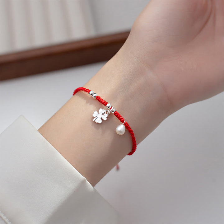 Braccialetto retrò in argento sterling 925 con quadrifoglio e perle portafortuna, cordino rosso Buddha Stones - image 9
