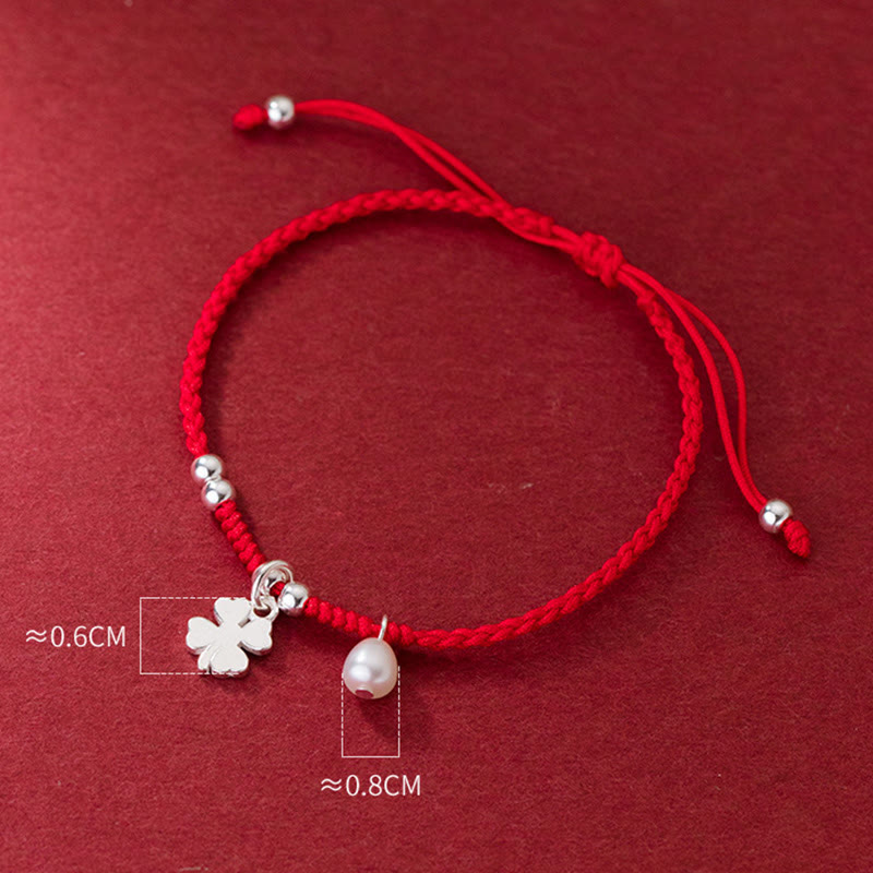 Braccialetto retrò in argento sterling 925 con quadrifoglio e perle portafortuna, cordino rosso Buddha Stones - image 8