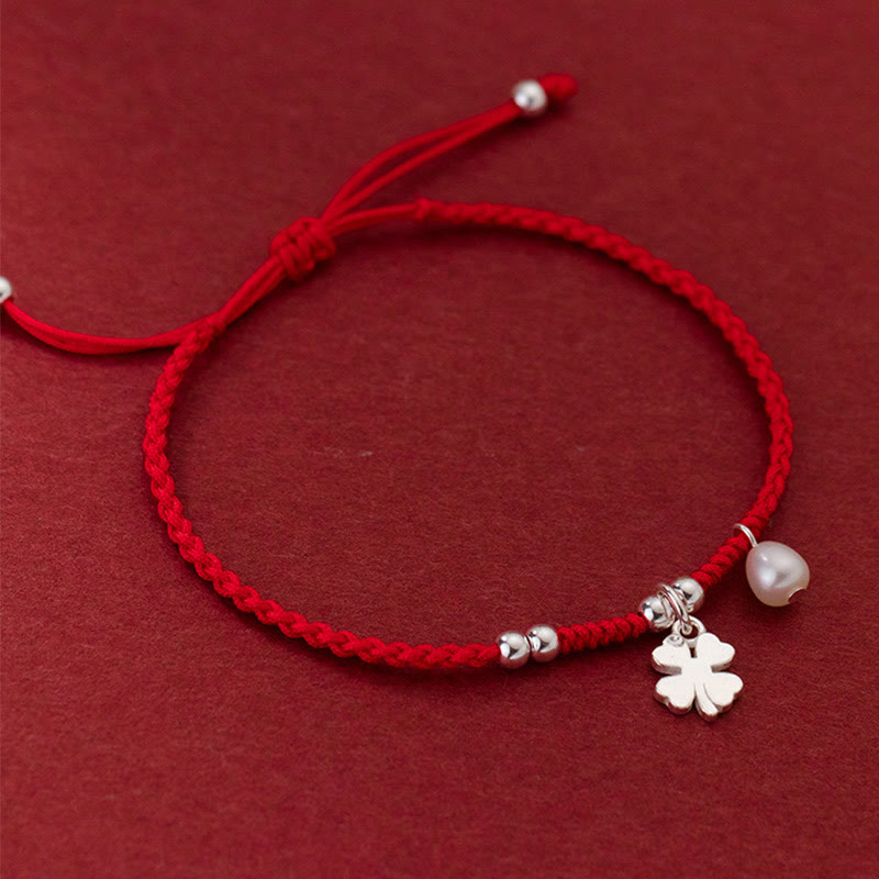 Braccialetto retrò in argento sterling 925 con quadrifoglio e perle portafortuna, cordino rosso Buddha Stones - image 2