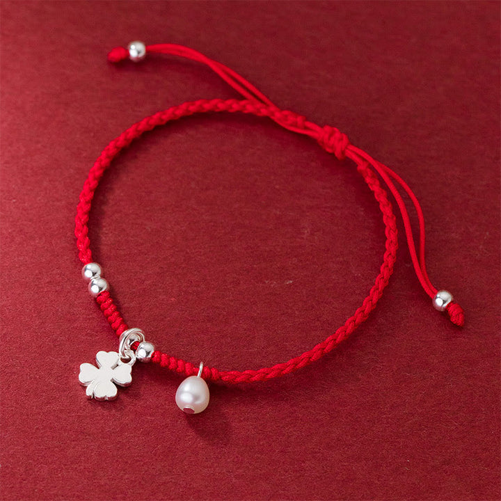 Braccialetto retrò in argento sterling 925 con quadrifoglio e perle portafortuna, cordino rosso Buddha Stones - image 1