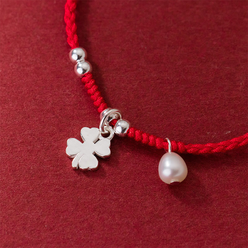 Braccialetto retrò in argento sterling 925 con quadrifoglio e perle portafortuna, cordino rosso Buddha Stones - image 3