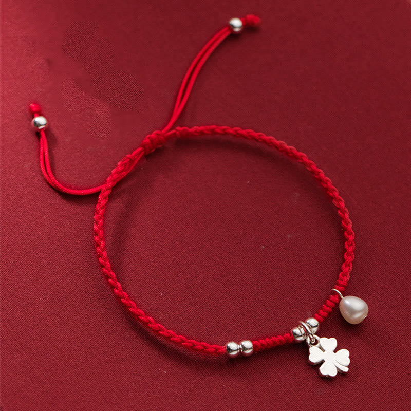 Braccialetto retrò in argento sterling 925 con quadrifoglio e perle portafortuna, cordino rosso Buddha Stones - Argento Sterling 925 (circonferenza polso: 15-18 cm) - image 0