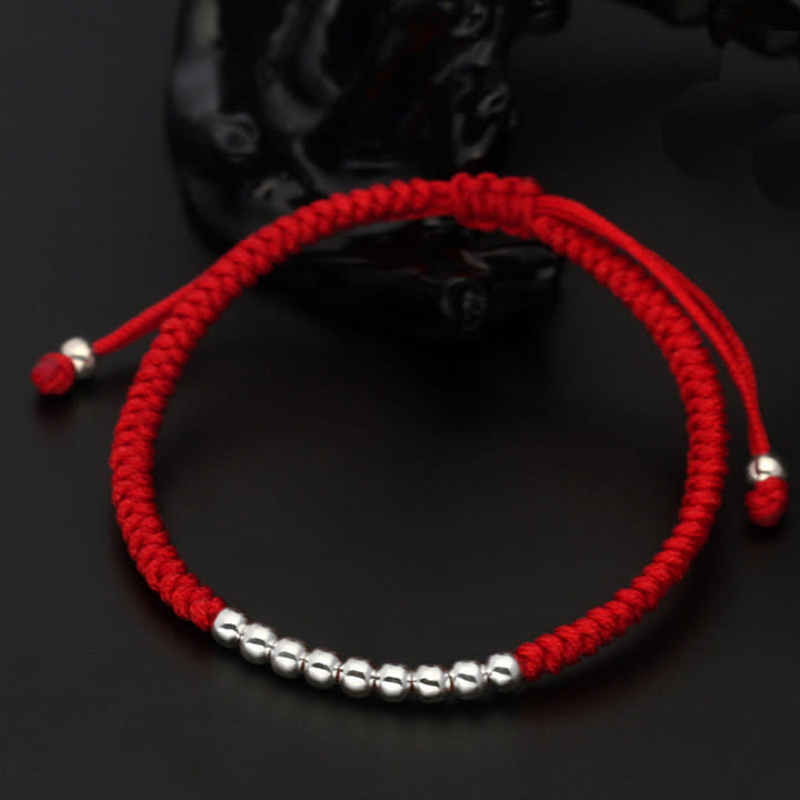 Braccialetto portafortuna con perline semplici e nodo in argento sterling 925, stile retrò , Buddha Stones - Argento sterling 925 (circonferenza del polso: 15-22 cm) - Rosso - image 0