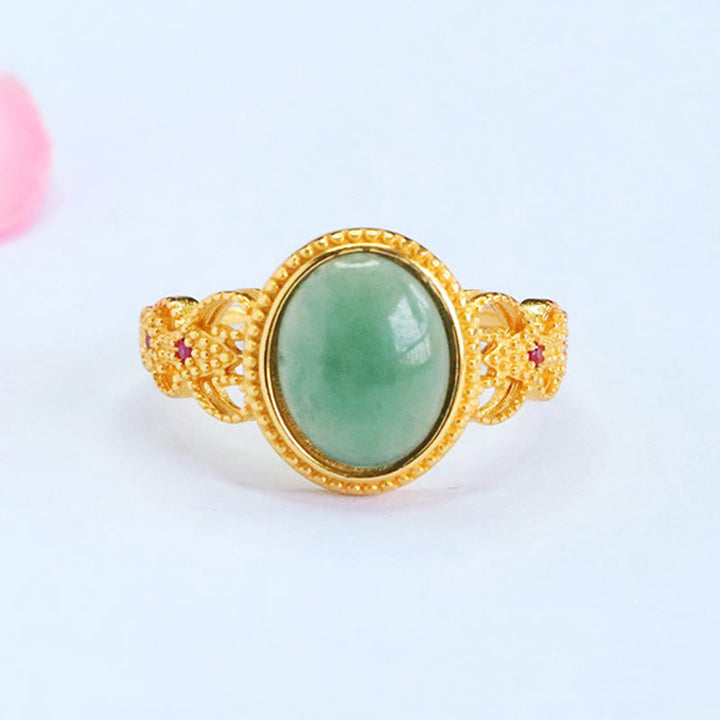 Anello portafortuna in giada con design cavo, placcato in oro e argento sterling 925 naturale Buddha Stones - Giada - image 0