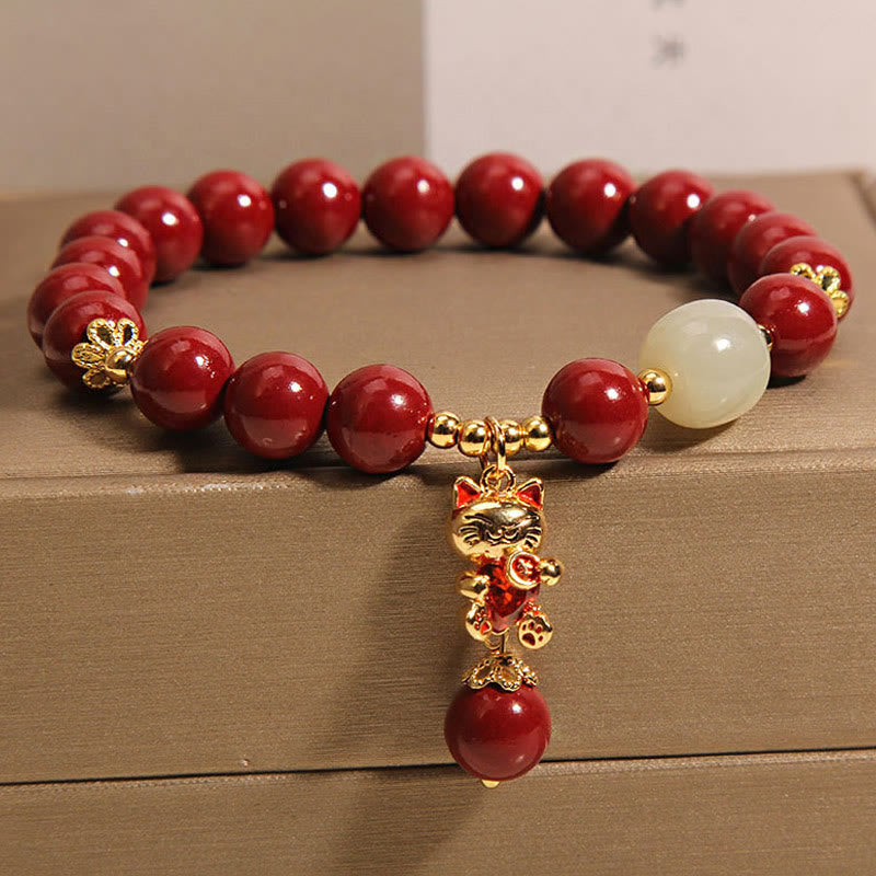 Braccialetto di benedizione con ciondolo gatto portafortuna naturale Buddha Stones Cinnabar - image 3