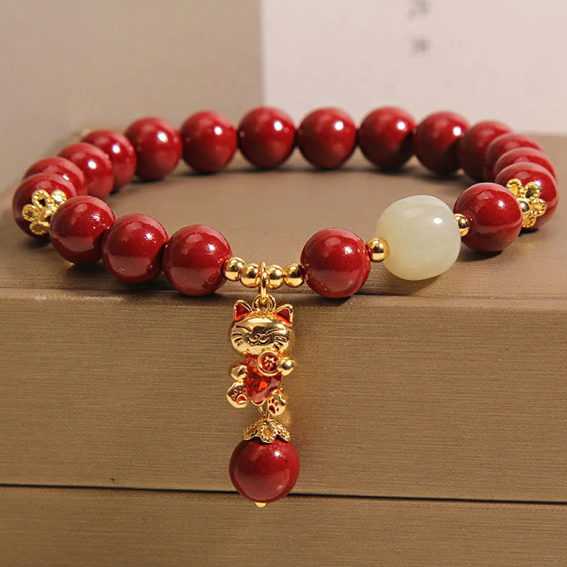 Braccialetto di benedizione con ciondolo gatto portafortuna naturale Buddha Stones Cinnabar - image 2
