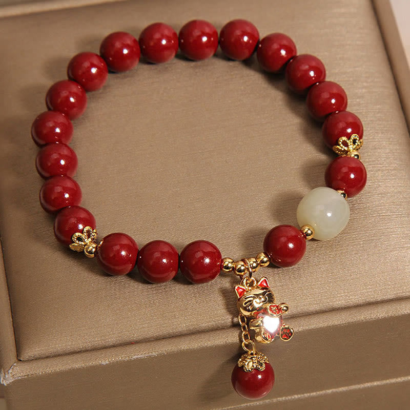 Braccialetto di benedizione con ciondolo gatto portafortuna naturale Buddha Stones Cinnabar - image 5