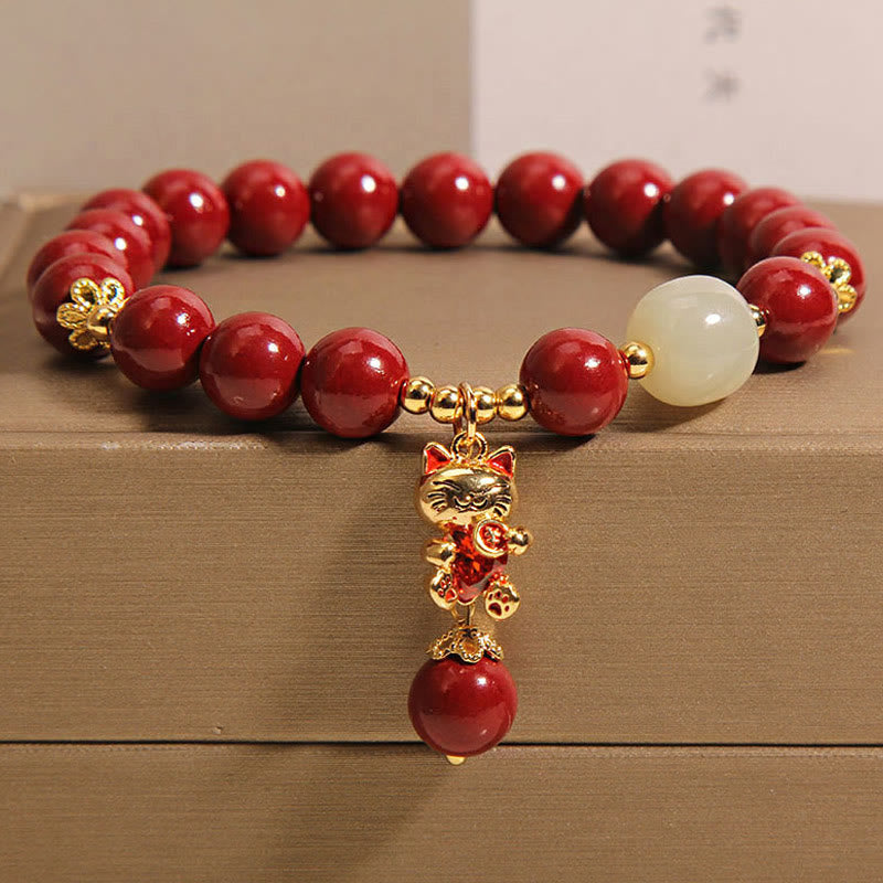 Braccialetto di benedizione con ciondolo gatto portafortuna naturale Buddha Stones Cinnabar - Cinabro (circonferenza del polso: 16-18 cm) - image 1
