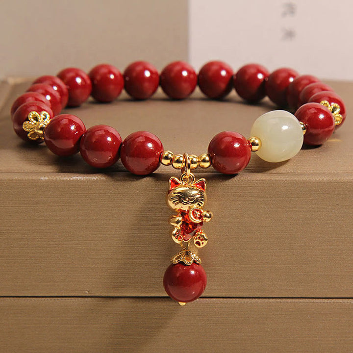 Braccialetto di benedizione con ciondolo gatto portafortuna naturale Buddha Stones Cinnabar - Cinabro (circonferenza del polso: 16-18 cm) - image 1